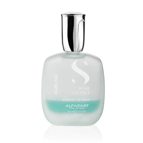 Alfaparf Milano Semi Di Lino Sublime Cristalli di Seta 45ml hair serum in a sleek bottle, designed to add shine and softness to hair.