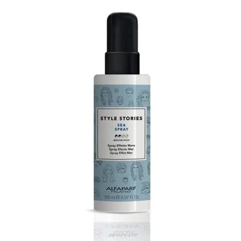 Alfaparf Milano Style Stories Sea Spray 150ml bottle, with ocean-inspired design and textured spray nozzle on a white background.
