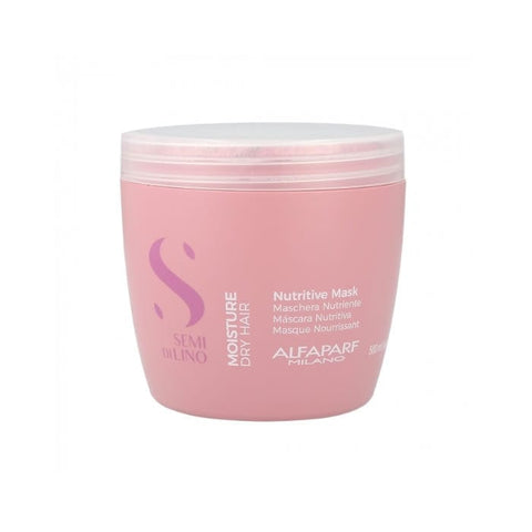 Alfaparf Semi Di Lino Moisture Nutritive Mask for dry hair in a 500ml jar, shown with the product packaging and lid.
