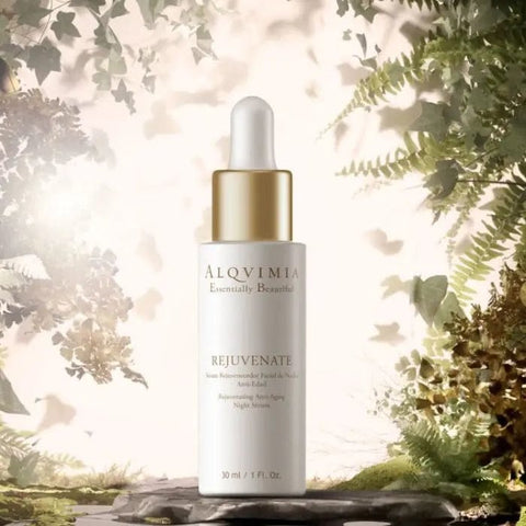 Alqvimia Rejuvenate Facial Night Serum by Jag Couture London, 30ml bottle with a sleek design, perfect for rejuvenating skin overnight.