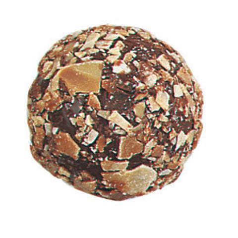 Dark Amaretto truffle by Jag Couture London, rolled in almond flakes, showcasing a glossy chocolate exterior and almond topping.