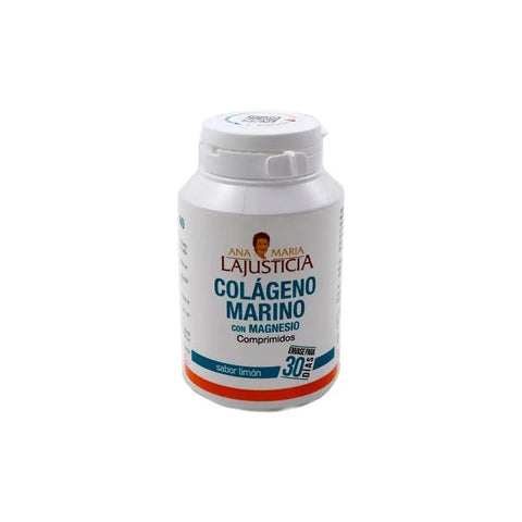 Ana María Lajusticia Marine Collagen Magnesium supplement, 180 tablets with lemon flavor, shown in bottle with label.