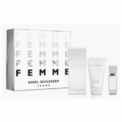 Angel Schlesser Femme Eau de Toilette spray 100ml set with three pieces, featuring elegant perfume bottles from Jag Couture London.