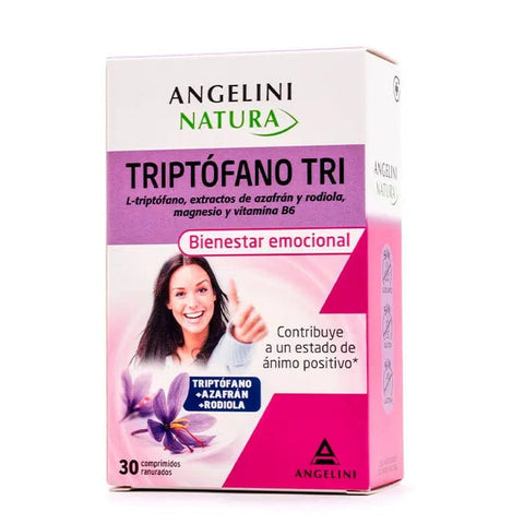 Angelini Natura Tryptophan Tri supplement in a bottle of 30 tablets, designed to support relaxation and mood balance.