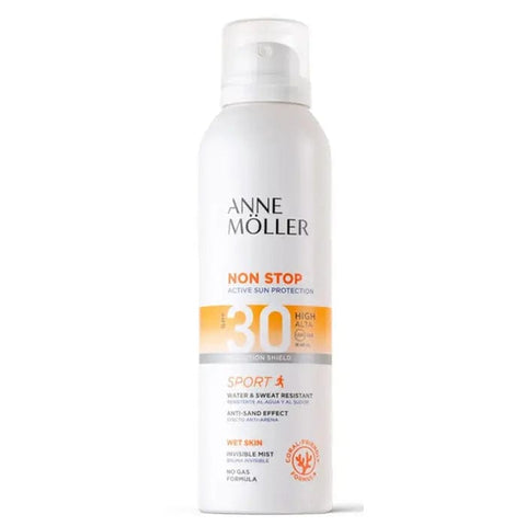 Anne Möller Non Stop Body Mist SPF30 in 150ml bottle, featuring a sleek design with a spray nozzle for easy application.
