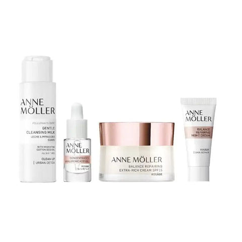 Set of four Anne Möller Balance Repairing Extra Rich Cream SPF 15 bottles, 50ml each, for nourishing skincare.