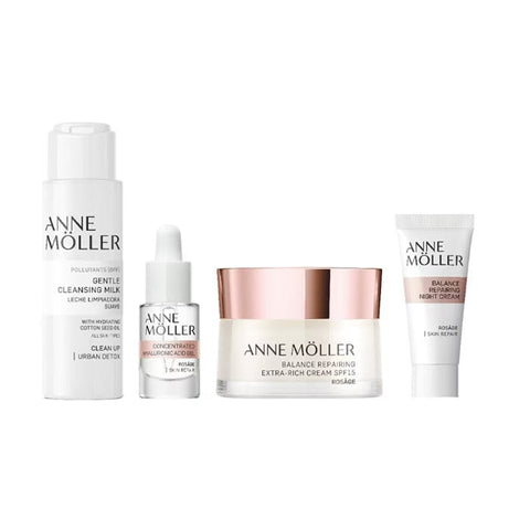 Set of four Anne Möller Balance Repairing Extra Rich Cream SPF15 50ml jars, skin-repairing moisturizer from Jag Couture London.