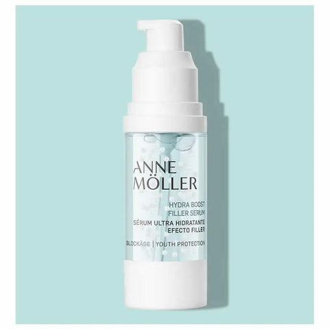 Anne Moller Blockage Hydra Boost Filler Serum 30ml from Jag Couture London, showing the serum bottle with label and pump applicator.