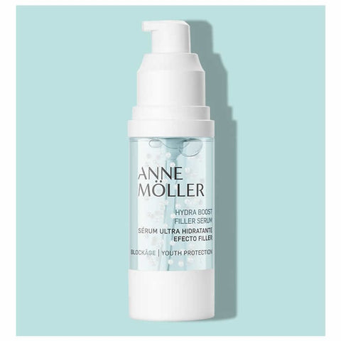 Anne Moller Blockage Hydra Boost Filler Serum in 30ml bottle, featuring clear packaging and serum inside for hydration and skin plumping.