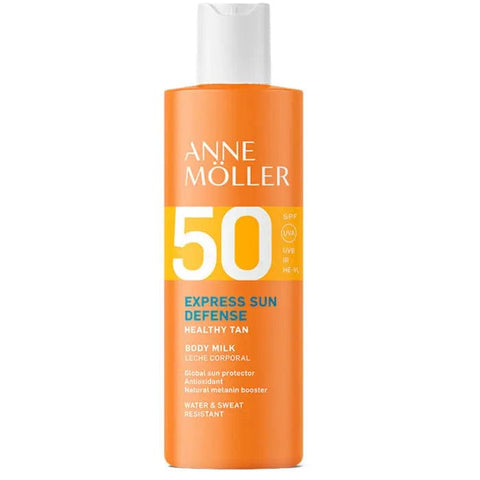 Anne Möller Express Sun Defense Body Milk SPF50, 175ml, in a white bottle with a pump, designed for sun protection.