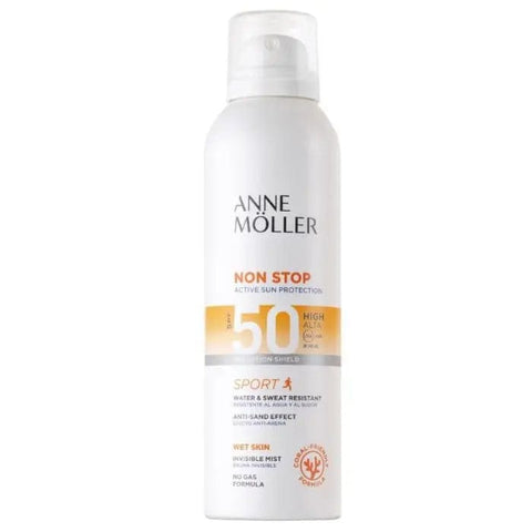 Anne Moller Non Stop Invisible Body Mist SPF50 by Jag Couture London, 150ml bottle, with clear, lightweight spray for sun protection.