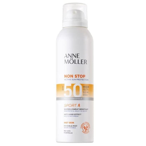 Anne Moller Non Stop Invisible Body Mist SPF 50 spray bottle, clear and lightweight, with sun protection and hydrating formula.