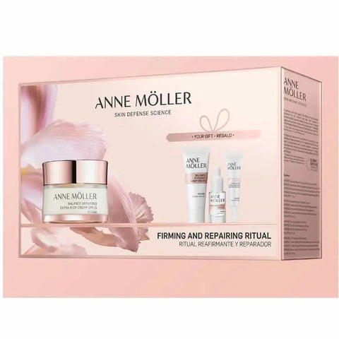 Set of four Anne Möller Rosage Day Extra Rich Cream 50ml jars, shown in elegant packaging, ideal for nourishing skin.
