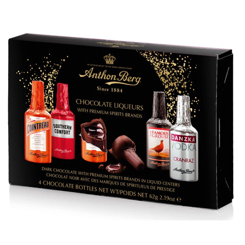 Assorted Anthon Berg 4-piece chocolate liqueurs by Jag Couture London New York, showcasing elegant chocolate and liqueur-filled treats.
