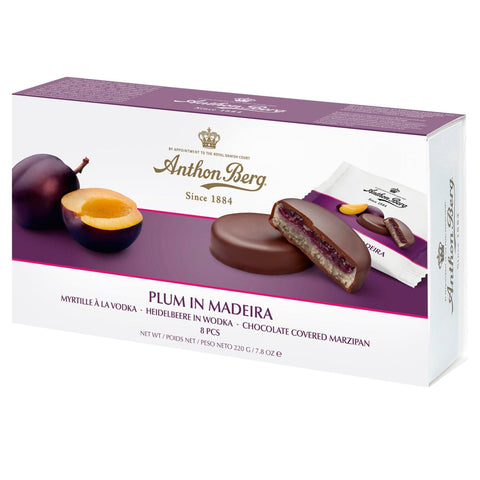Dark chocolate Anthon Berg plum in Madeira marzipan, a luxurious confection from Jag Couture London New York.