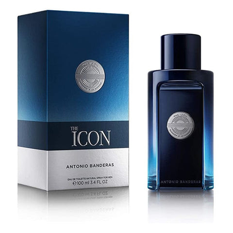 Antonio Banderas The Icon Eau De Toilette Spray 100ml, featuring sleek bottle design and branding by Jag Couture London.