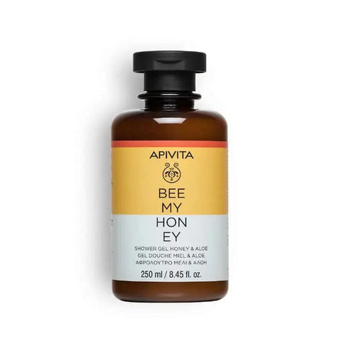 Apivita Bee My Honey Shower Gel in 250ML bottle, featuring honey and natural ingredients, with a clear label and pump dispenser.