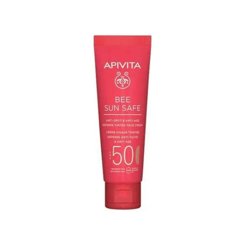 Apivita Bee Sun Anti-Spot & Anti-Age Defense Tinted Face Cream SPF50 in 50ml, showing the tube with product branding and packaging details.
