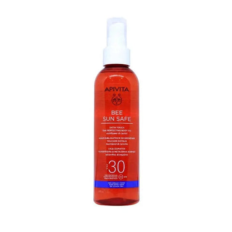 Jag Couture London Apivita Bee Sun Safe Body Oil with SPF30, 200ml, featuring a sleek bottle for tanning and silky skin.