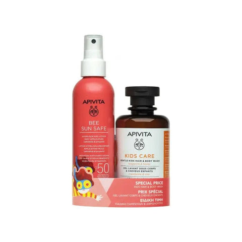 Apivita Bee Sun Safe Kids SPF50 spray lotion and Kids Hair & Body Hair with Mandarin Honey, 200ml, with brand label visible.
