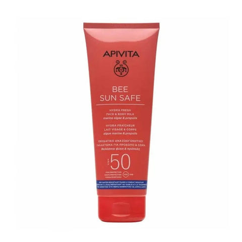 Apivita Bee Sun Safe Hydra Fresh SPF50 face and body milk in 200ml bottle, with a pump dispenser and fresh botanical packaging.