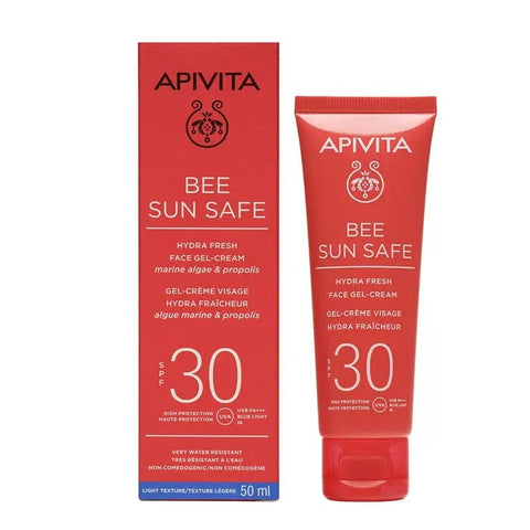Apivita Bee Sun Safe Hydra Fresh Face Gel Cream SPF30 in 50ml, lightweight moisturizer with sun protection and hydrating formula.