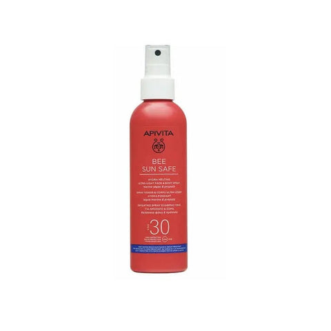Apivita Bee Sun Safe Hydra Melting SPF30 ultra-light face and body spray in 200ml bottle, suitable for sun protection.