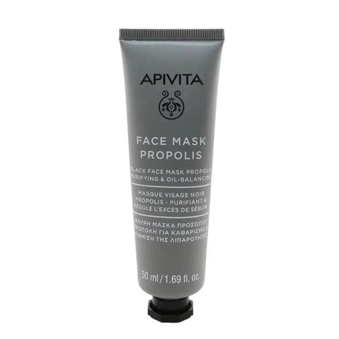 Jag Couture London New York Apivita Black Face Mask with Propolis in 50ml jar, showing the sleek black packaging and product label.