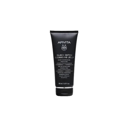 Jag Couture London New York Apivita Black Detox Cleansing Gel 150ml, dark gel with black charcoal for deep facial cleansing.