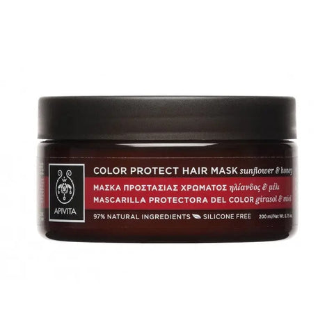 Apivita Color Protect Hair Mask with sunflower and honey in a 200ml jar, designed to nourish and protect colored hair.