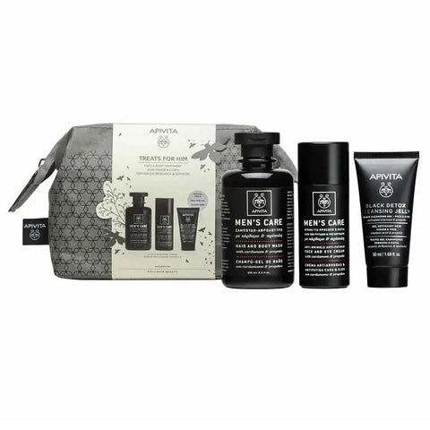 Apivita men's face and body care set with three skincare products in sleek packaging, designed for men's grooming.