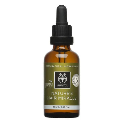 Apivita Nature Hairs Miracle 50ml hair treatment bottle with natural ingredients, displayed on a neutral background.