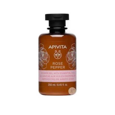 Jag Couture London New York Apivita Rose Pepper Bath Gel 250ml, creamy pink gel with rose and pepper scent in a clear bottle.