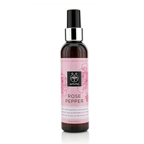 Jag Couture London New York Apivita Rose Pepper Remodelling Body Oil 150ml bottle with rose and pepper ingredients.