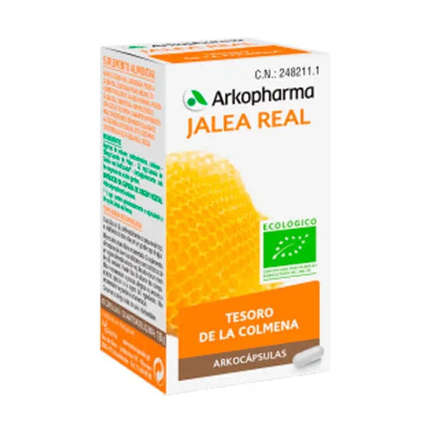 Jar of Arkopharma Arkocápsulas Royal Jelly supplement capsules by Jag Couture London New York, 50-unit pack, close-up of the product container.