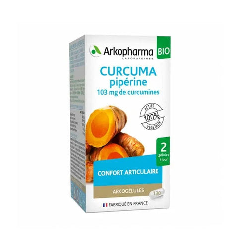 Bottle of Arkopharma Arkocapsulas Turmeric capsules by Jag Couture London showing 40 turmeric supplement capsules inside