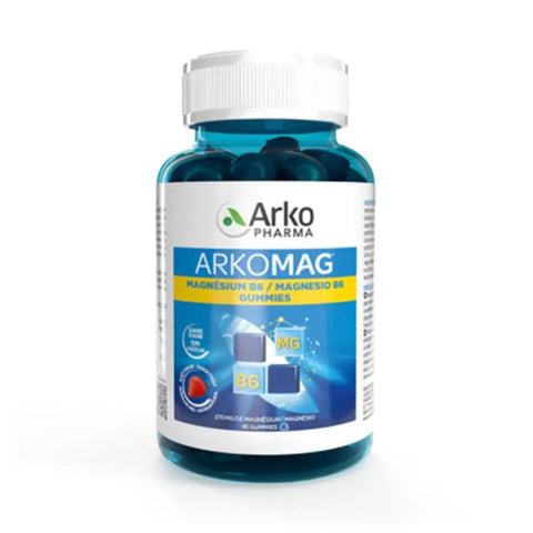 Arkopharma Arkomag Magnesium B6 chewables in a blister pack, showing the colorful chewable tablets and packaging.