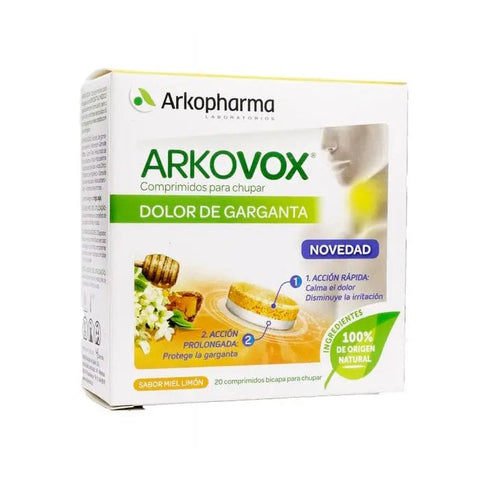 Box of Arkopharma Arkovox Throat lozenges with 20 tablets, featuring natural soothing ingredients, by Jag Couture London - New York.