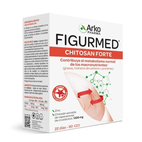 Arkopharma Chitosan Forte 325 mg capsules, dietary supplement in a clear bottle with 90 capsules, displayed on a neutral background.