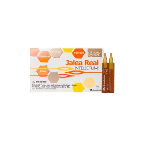 Arkopharma Intelectum Royal Jelly Phosphorus supplement in 20 ampoules, shown in a sleek container with branding and product details.