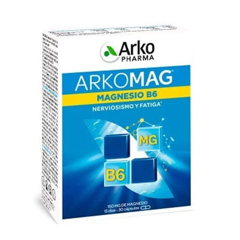 Arkopharma Magnesium B6 capsules by Jag Couture London New York, showing 30 capsules in a clear container.
