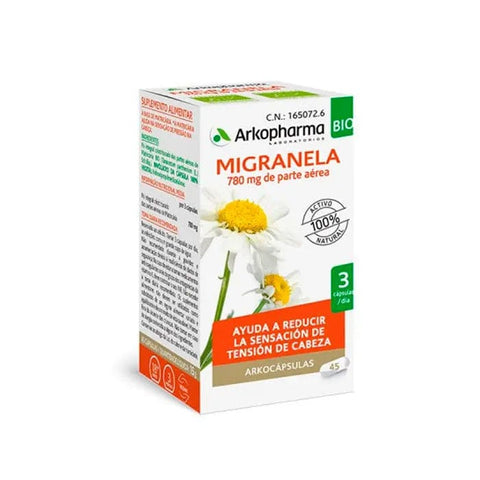 Arkopharma Migranella 48 capsules, dietary supplement for migraine relief, in a clear bottle with label showing capsules and brand name.