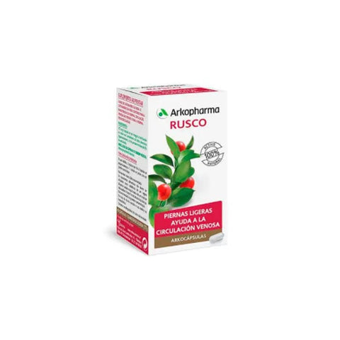 Arkopharma Rusco 45 capsules, herbal supplement in a bottle, shown in a clear container with capsules visible inside.