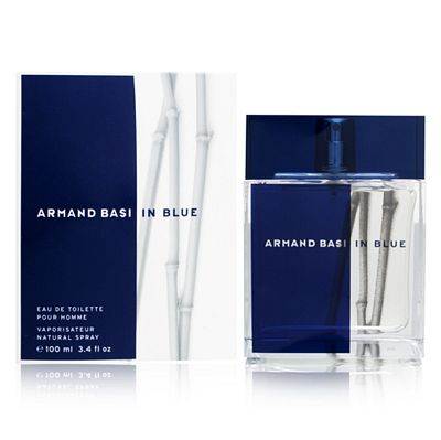 Armand Basi In Blue Eau De Toilette spray 100ml by Jag Couture London, featuring sleek bottle design and blue fragrance liquid.