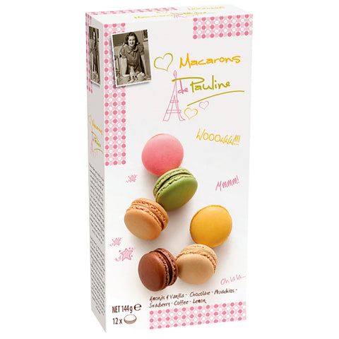 Assortment of 12 colorful macarons in a gift box, featuring almond, vanilla, pistachio, chocolate, strawberry, lemon, and coffee flavors.