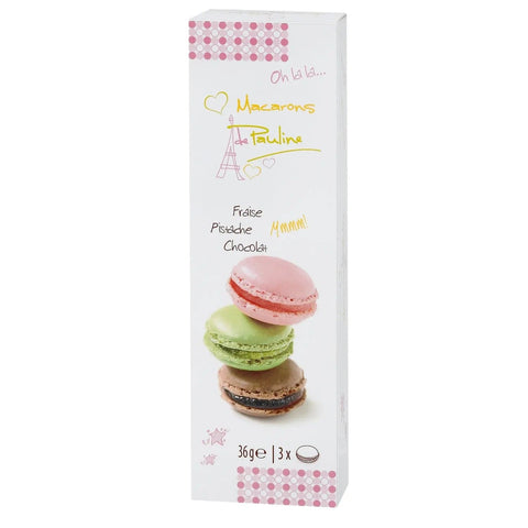 Assortment of 3 macarons in stick pack with pistachio, chocolate, and strawberry flavors by Jag Couture London New York.
