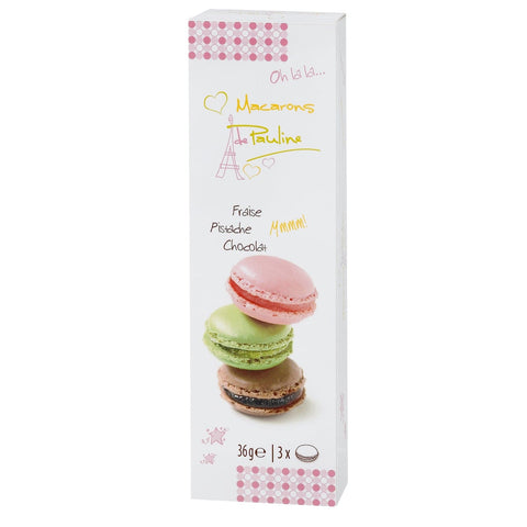 Assortment of 3 macarons in stick pack featuring pistachio, chocolate, and strawberry from Jag Couture London New York.