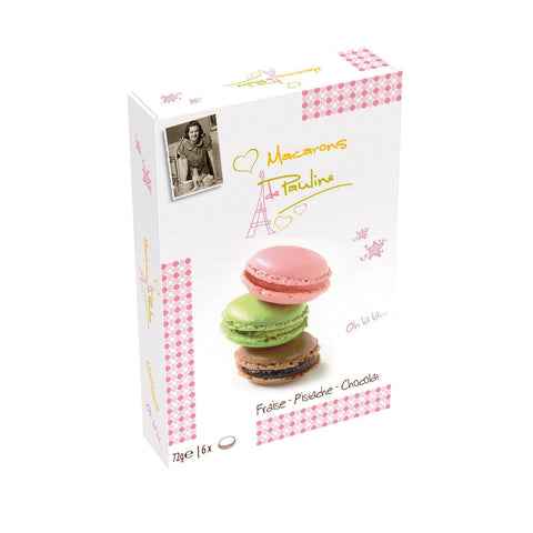 Assortment of 6 colorful macarons in gift box including pistachio, chocolate, and strawberry flavors by Jag Couture London New York
