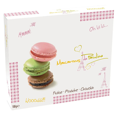 Assortment of 9 colorful macarons in a gift box by Jag Couture London New York, featuring pistachio, chocolate, and strawberry flavors.