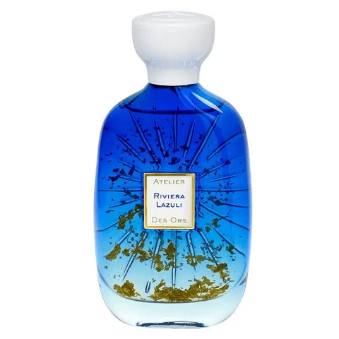 Atelier Des Ors Riviera Lazuli Eau De Parfum spray 100ml, featuring elegant glass bottle with deep blue liquid, on a neutral background.